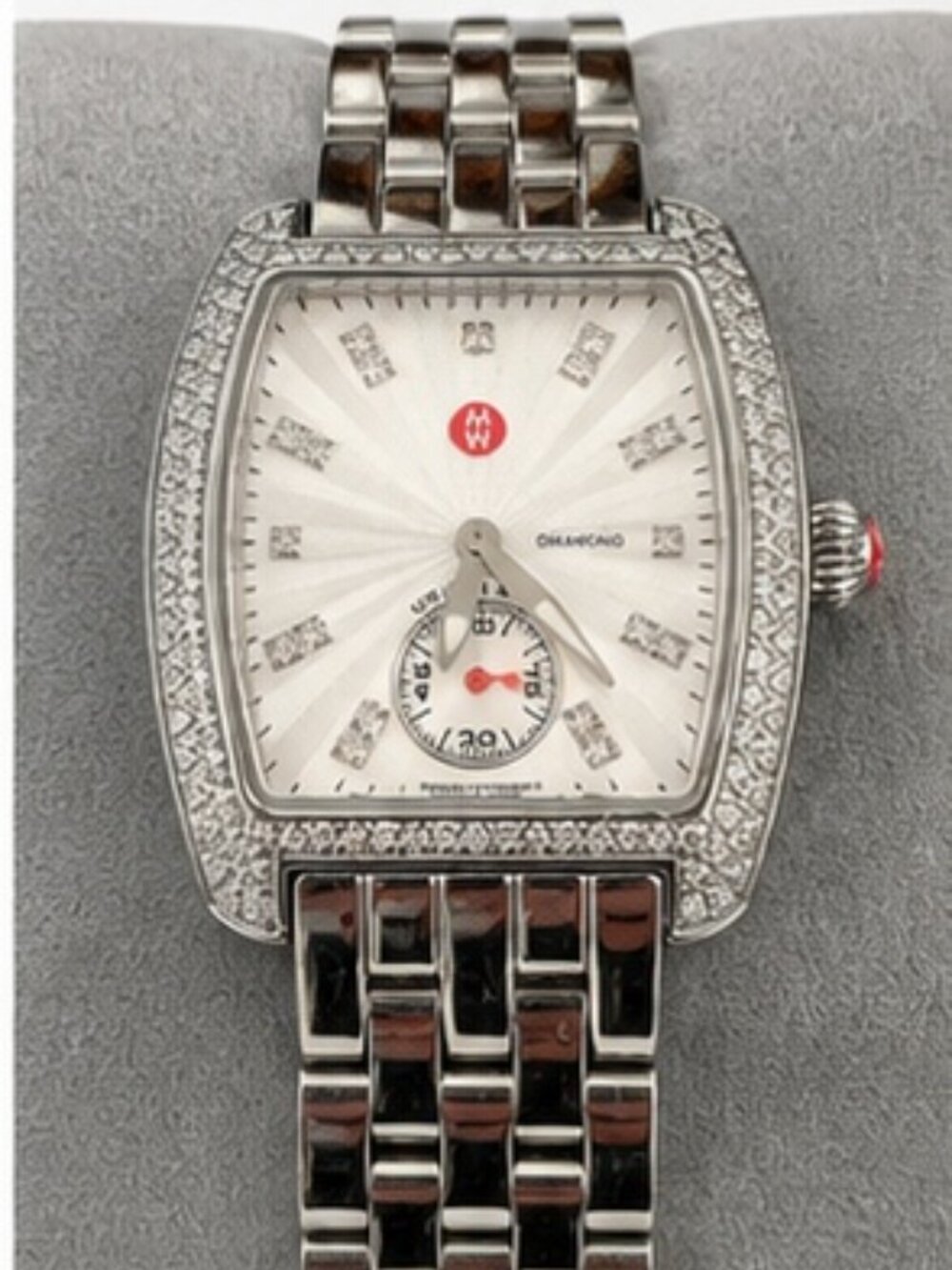 MICHELE Diamond Deco Watch Stainless Steel Swiss w/Box & Extra Links